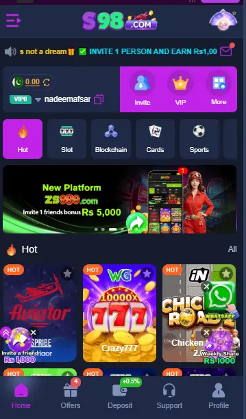 s98 game app dashboard interface